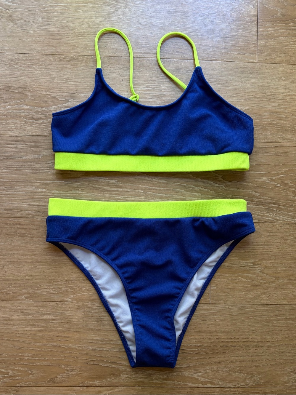 Blue & Neon High Waisted Ribbed Swim Bikini